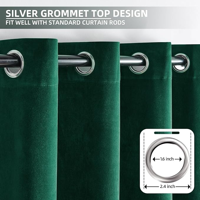 Joydeco Dark Green Velvet Curtains 84 Inches Length, Grommet Curtains 2 Panels, Thermal Insulated Privacy Room Darkening Window Drapes for Bedroom Living Room Home Theatre (52Wx84L)