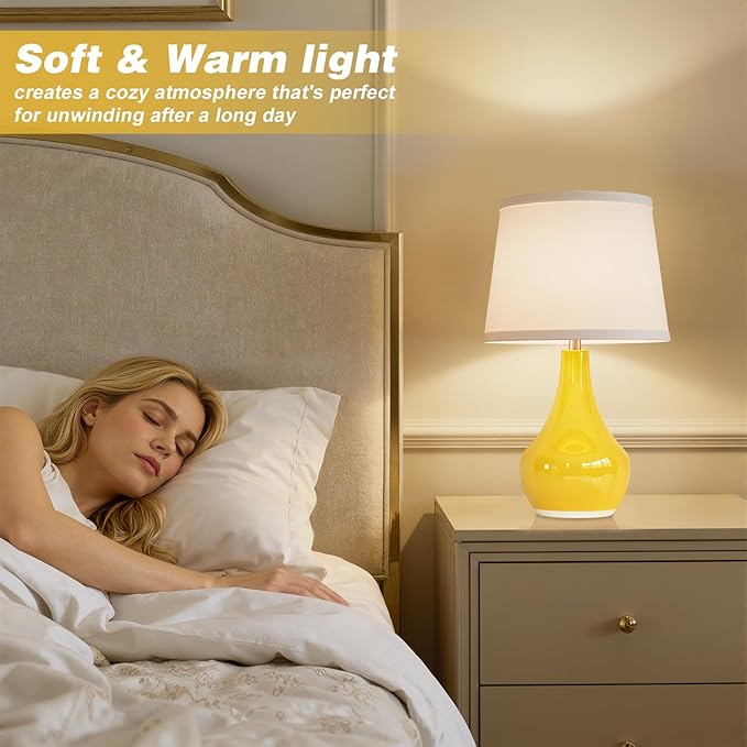 Seealle Modern Ceramic Table Lamps for Night Stands - Bedside Lamps Set of 2 for Nightstand,Yellow Bedroom Lamp for Living Room Cute Desk End Table Office Guest Room Dresser Rocker Swtich