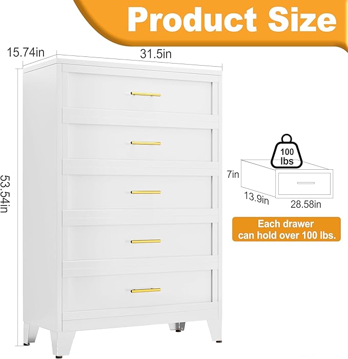 Metal Dresser, White Tall Dresser for Bedroom, 53.54" H Dressers & Chests of Drawers, 5 Drawer Dressers for Living Room, Entryway, Hallyway (White, 5 Drawers)
