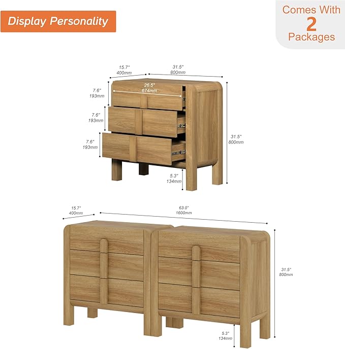 WAMPAT 6 Drawer Dresser for Bedroom,2 in 1 63" Wide Mid Century Modern Wide Chest of Drawer, Wood Tall Nightstand with Curved Edge Handles, Closet Dresser TV Stand for Bedroom, Light Walnut