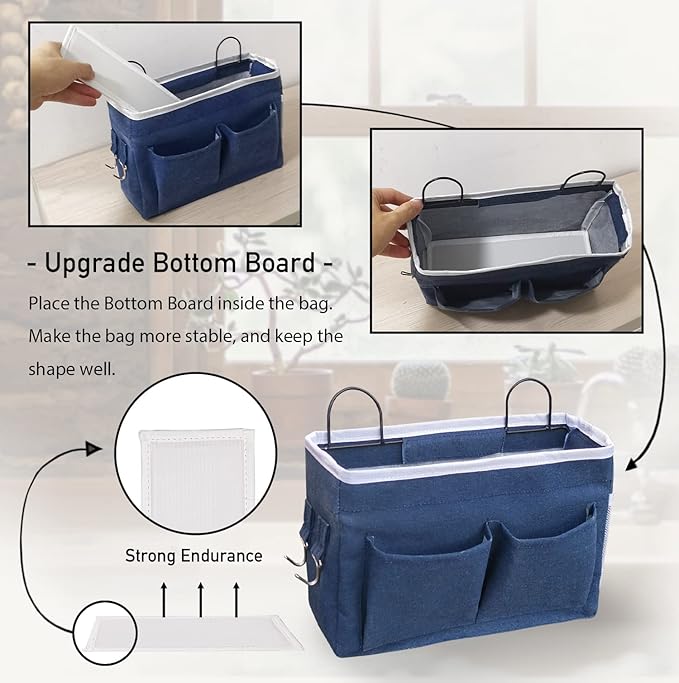 Kanrichu 2pcs Middle Wall Hanging Organizer Bag, Linen Fabric Door Hanging Storage Basket with Pockets, Waterproof Bin for Kitchen, Bedroom, Office, RV Camper (Blue)