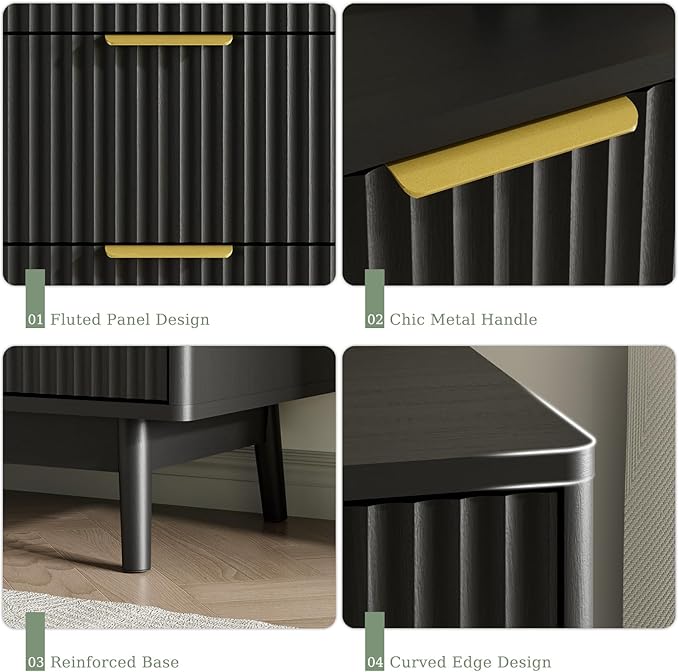 LYNSOM Fluted 8 Drawer Dresser for Bedroom, 55" Wide Modern Chest of Drawers with Curved Profile Design and Metal Handles, Wood Dresser TV Stand & Storage Organizer for Bedroom, Hallway, Black