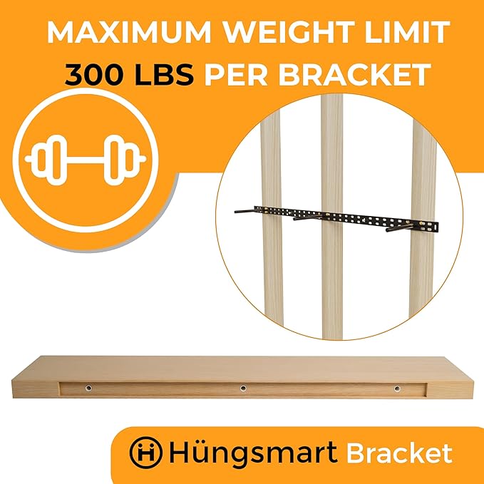 HÜNGSMART 48 Inch Wooden Floating Shelf – Supports 300lbs – Carpenter Designed - Engineered Wood 4 Foot Long - Oak Finish – Includes Laser Welded Precision Wall Bracket (48 inches x 11 13/16 inches)