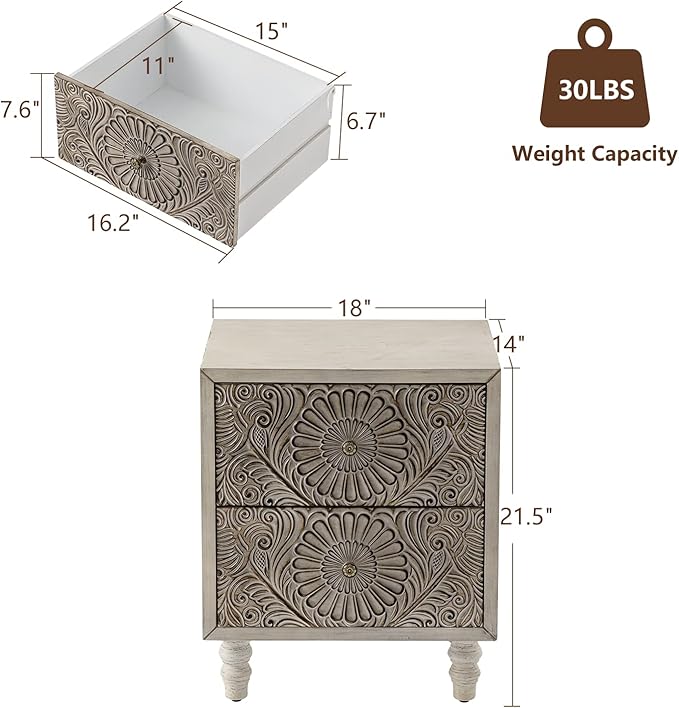 COSIEST 2 Pieces Nightstand, 14" D x 18" W x 21.5" H MDF End Table with 2 Drawers, Vintage Style Wood Bedside Table, Bedroom Accessories for Home, Office, College Dorm