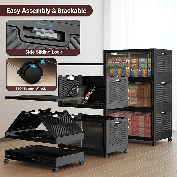 720Qt Stackable Storage Bins with Lids, 6 Pack Large Collapsible Bins with Wheels, Plastic Cabinet with Doors, Foldable Closet Organizers and Storage for Home, Dorm, Office, Black