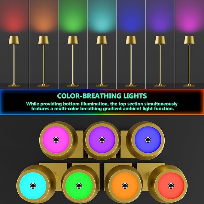 Modern LED Color-Changing Cordless Table lamp, 7 Colors, metal Shade, Touch control with sleep mode for Restaurant, Bedroom, Outdoor Camping, Coffee Shop, Night Light, Rechargeable (Golden 1PACK)