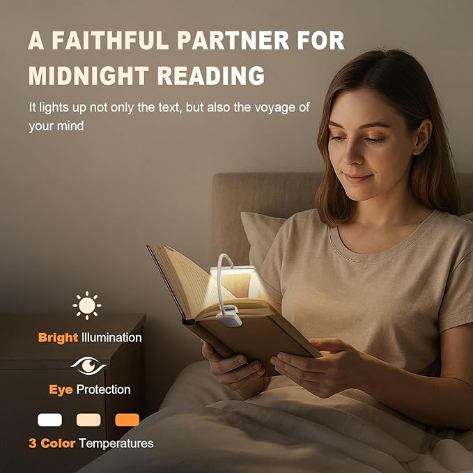 Rechargeable Book Lights for Reading at Night 25 LED - Eye Caring 15 Level Stepless Dimming, Extended 60Hrs Runtime, Lightweight Clip on Light, Gifts for Book Lovers, White