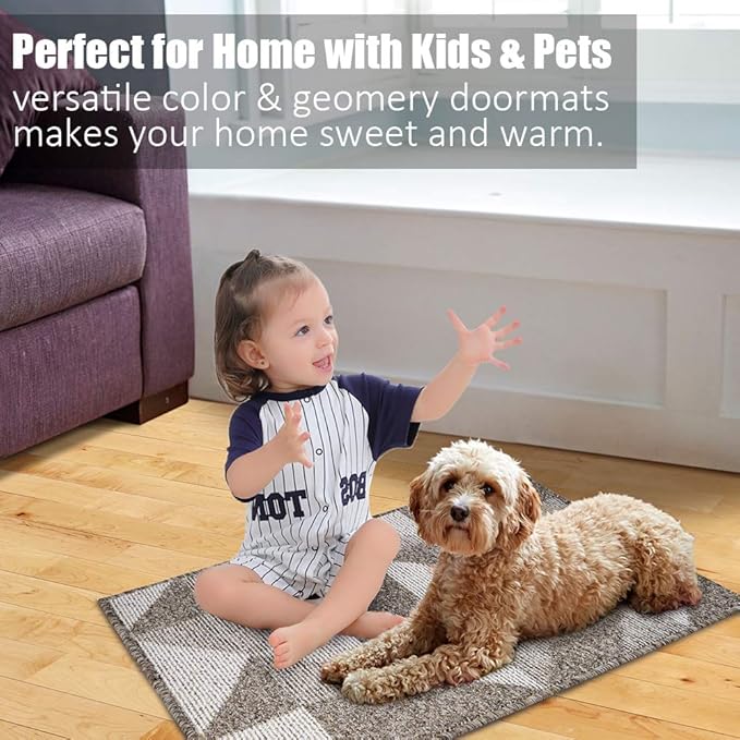 Indoor Doormat 24"x 36", Absorbent Front Back Door Mat Floor Mats, Rubber Backing Non Slip Door Mats Inside Mud Dirt Trapper Entrance Front Door Rug Carpet, Machine Washable Low Profile-Brown Geome
