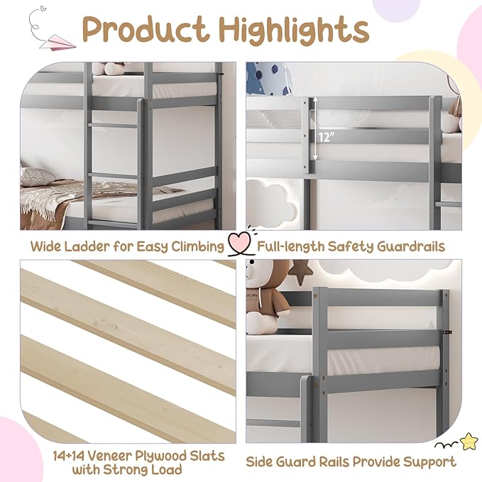 KOMFOTT Wood Bunk Bed Twin Over Twin, Bunk Bed with Ladder & Safety Guardrail, Solid Wood Bed Frame, Ideal for Dormitory & Multiple-Child Family, No Box Spring Needed, Kids Bunk Bed