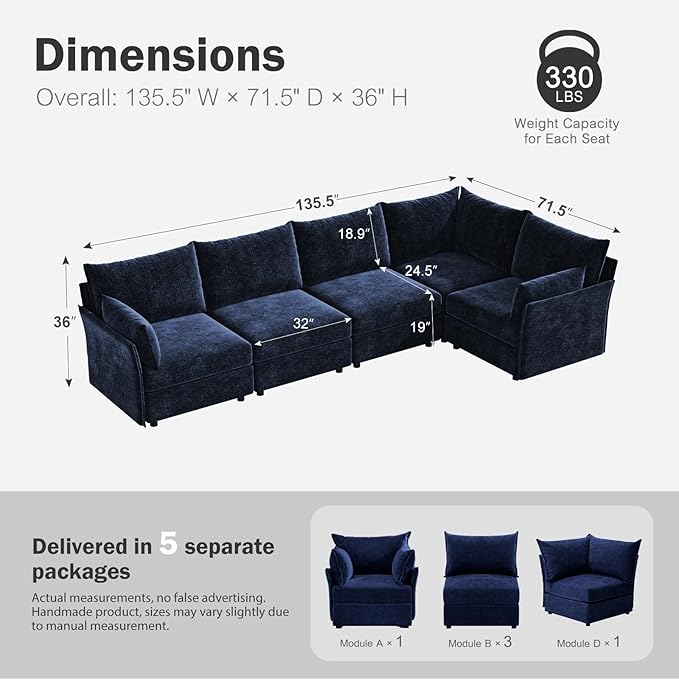 ABCASA 135.5" Oversized Modular Sectional Sofa, L Shaped Convertible Couch with Movable Ottoman, 5 Seat Corner Couches for Living Room Deep Seat Blue Chenille