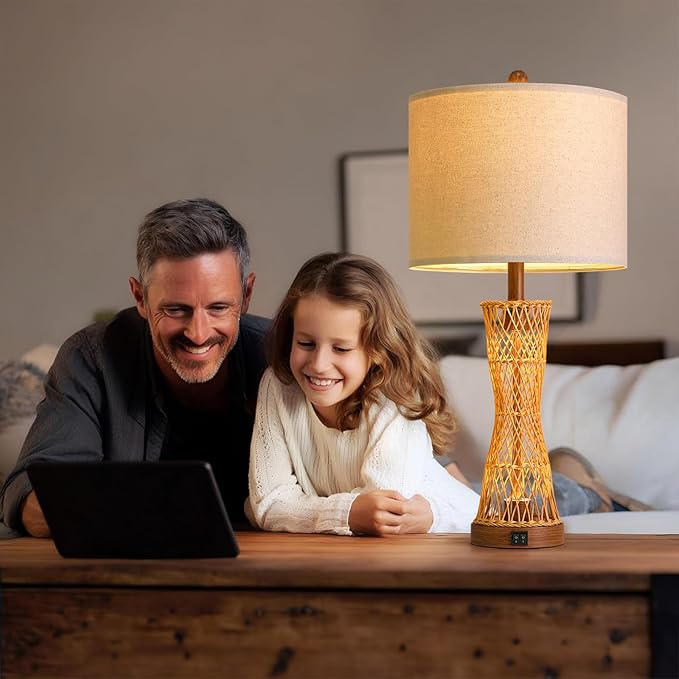 OYEARS 27" Table Lamps Set of 2 with Rattan & Dual Lights, Boho Lamps for Nightstands, Bedside Lamps for Bedroom, Nightstand Lamp for Living Room, Farmhouse Table Lamp for Office & Study