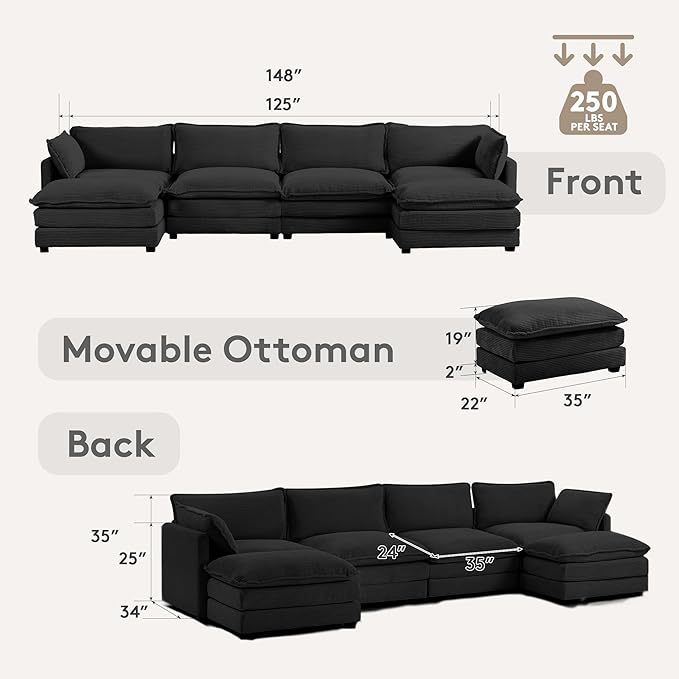 ROWHY 148'' Sectional Cloud Couch with 2 Ottomans, Oversized 4 Seat Sleeper Sofa with 2 Throw Pillows, Convertible Upholstered U Shaped Cozy Sofa Furniture Set for Living Room and Office, Black