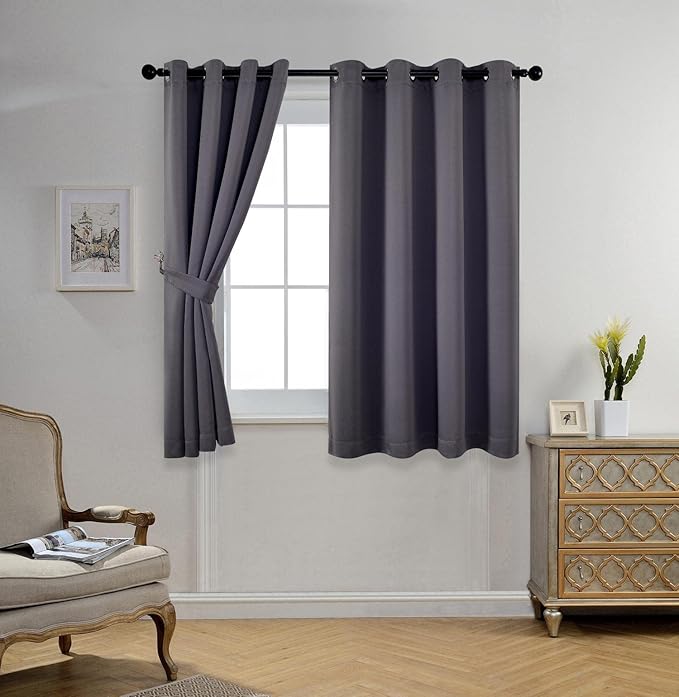 MIUCO 1 Pair Thermal Insulated Grommet 52-Inch-by-63-Inch Blackout Window Curtain Panels with 2 Tie Backs, Dark Grey