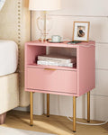 Masupu Nightstand with Charging Station,Mid-Century Modern Bedside Table with Storage Drawer and Open Wood Shelf,Small Gold Frame Side Table for Bedroom,Living Room (Pink)