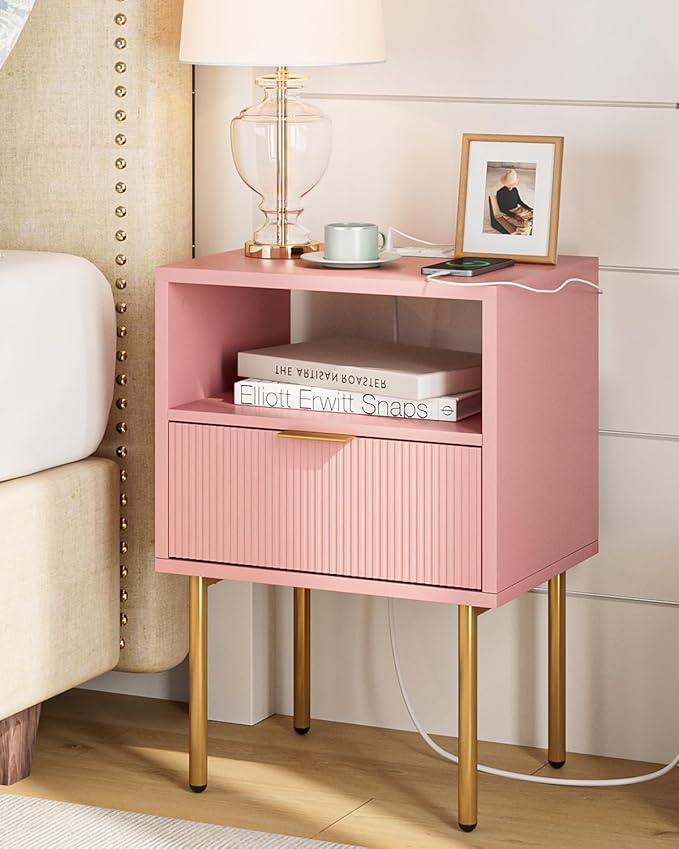 Masupu Nightstand with Charging Station,Mid-Century Modern Bedside Table with Storage Drawer and Open Wood Shelf,Small Gold Frame Side Table for Bedroom,Living Room (Pink)
