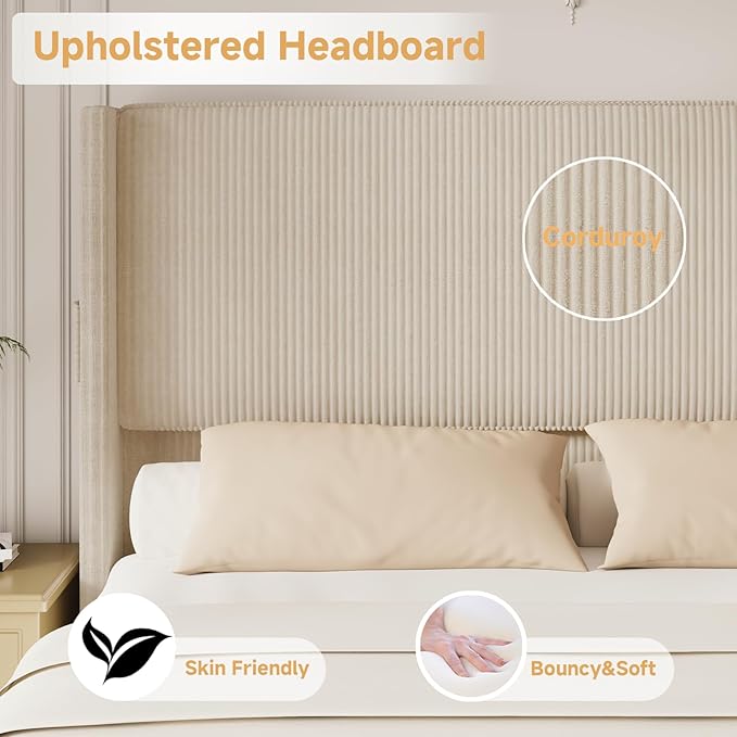 Queen Size Bed Frame with Headboard, Upholstered Platform Bed with Tall Wingback Headboard & Footboard, Corduroy Bed Frames with USB Ports, Easy Assembly, Beige