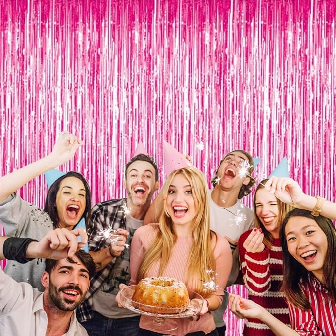 GOER 3.2 ft x 8.2 ft Metallic Tinsel Foil Fringe Curtains Party Photo Backdrop Party Streamers for Galentines Day,Birthday,Graduation,New Year Eve Decorations Wedding Decor (3 Pcs, Hot Pink)