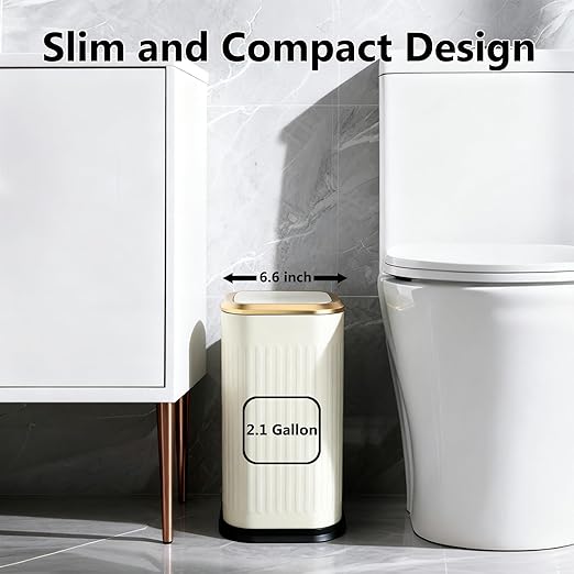 TIPGO Bathroom Trash Can with Lid, 2.1 Gallon / 8 Liter Small Garbage Can, Press Top Bin, Stainless Steel Wastebasket with Pop-Up Lid for Bedroom, Living Room, Office (Cream)