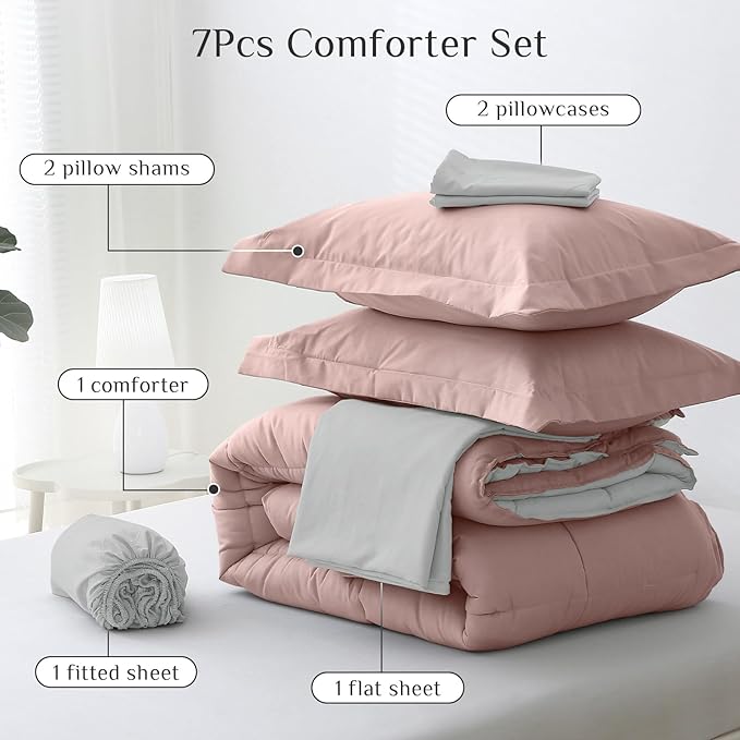 JOLLYVOGUE California King Comforter Set, Ultra-Soft Bed in a Bag Cal King Size 7 Pieces, Oeko-TEX Certified Bedding Set With Down Alternative Comforter, Sheets, Pillowcases & Shams, Pink & Light Grey