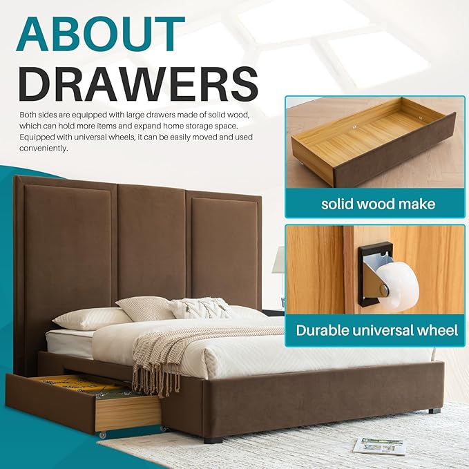 YUHUASHI King Size Bed Frame with 64-inch High Headboard, Simple and Airy Linen Upholstered Platform Bed with Storage Drawers, Wood Slat, No Noise (Brown, King)