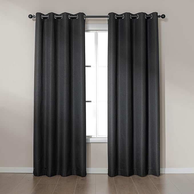Amazon Basics Faux Linen Blackout Curtains for Bedroom and Living Room, 2-Piece Set with Grommets, 42" W x 84" L, Black