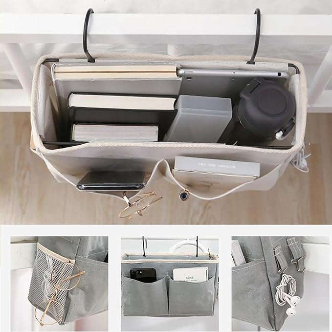 Someteth Bedside Caddy, Bedside Hanging Storage Organizer for College Dorm Bed, Bunk and Hospital Beds, Can be Placed Books, Phones,Keys, Glasses，Magazine Holder (Grey, 1)