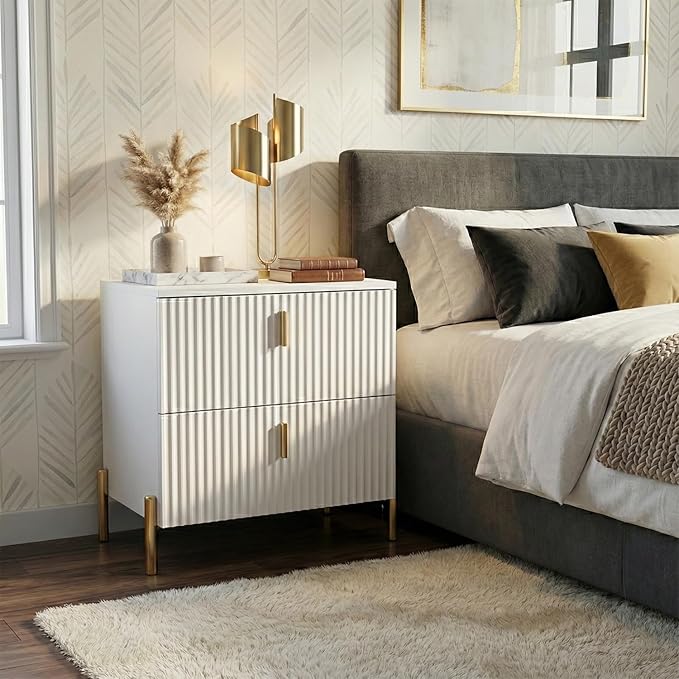 Luxury Fluted Night Stand Set of 2, Nightstand with 2 Drawers, Modern Bedside Table with Golden Legs and Handles, End Tables for Living Room Bedroom, White