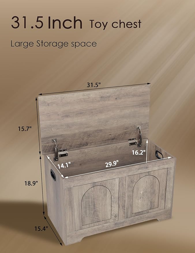 DINZI LVJ Storage Chest, 31.5”Wooden Toy Box with 2 Safety Hinges, Entryway Storage Bench with Flip-Top, Sturdy Storage Trunk for Living Room, Bedroom, Easy Assembly, Greige
