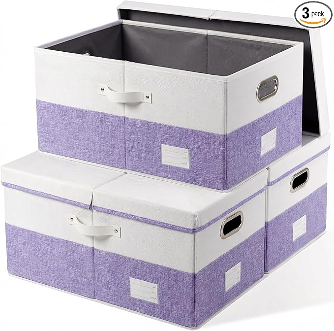 PRANDOM Collapsible Storage Bins with Lids [3-Pack] Linen Fabric Foldable Storage Boxes Organizer Containers Baskets Cubes with Cover for Bedroom Closet Nursery Purple&White (23.4X15.9X11.4)