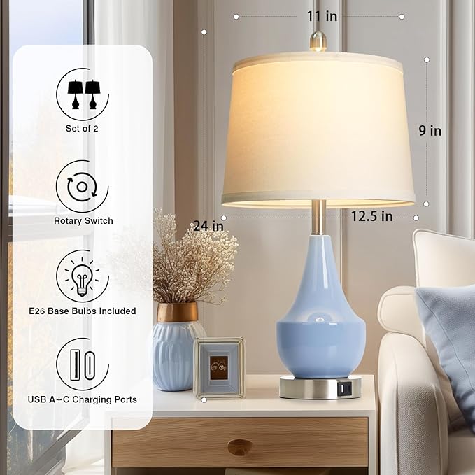 Modern Blue Table Lamp Set of 2, 24" Ceramic Table Lamp with USB A+C Ports,Classic Beside Lamps Nightstand Lamp Modern Lamp for Living Room, Bedroom & Office -LED Bulbs Included