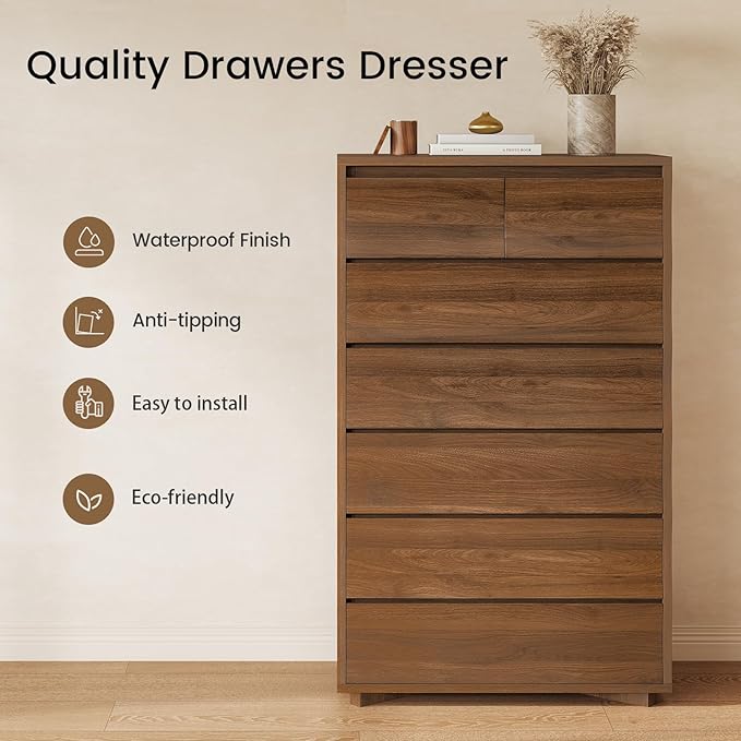 Tall Dresser for Bedroom, 52.8" Tall Dresser with 7 Drawers, Wood Dressers & Chests of Drawers, Accent Upright Drawer Organizers for Closet, Hallway