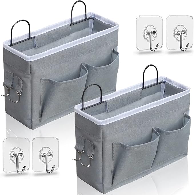 Kanrichu 2pcs Middle Wall Hanging Organizer Bag, Linen Fabric Door Hanging Storage Basket with Pockets, Waterproof Bin for Kitchen, Bedroom, Office, RV Camper (Gray)