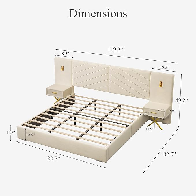 DEINPPA Luxury King Bed Frame with Built-in Gold LED Lights and Nightstands, King Size Platform Bed with Oversize Upholstered Headboard, No Box Spring Needed-Beige