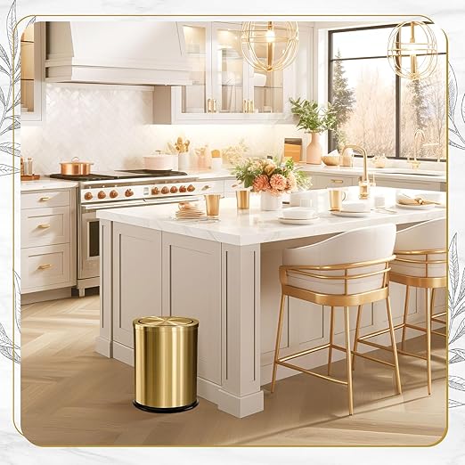 Maxdot 2 Pcs Gold Bathroom Trash Can with Flipping Lid 4 Gallon/15 L and Toilet Brush Set, Large Brushed Stainless Steel Garbage Trash Can Toilet Cleaner Brush Bin for Bathroom Bedroom Office