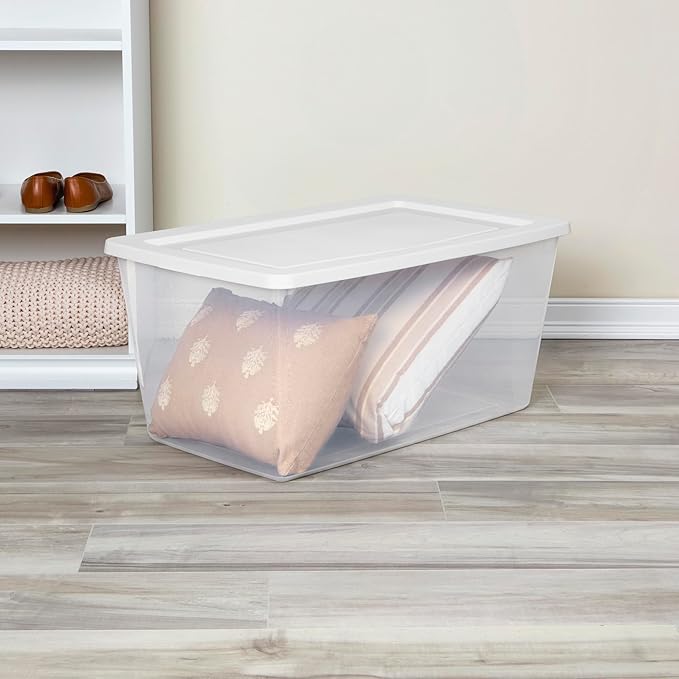 Sterilite 16 Pack Storage Box, 90 Quart Stackable Tote, Clear Plastic Container with Secure Snapping Lids for Home and Office Organization, White