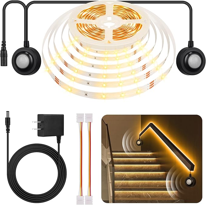 HOUHUI Dual Motion Sensor Light Indoor Under Bed Lights,16.4Ft Motion Activated LED Strip Lights for Bedside,12V Warm White Under Cabinet Light Two Motion Sensors LED Strip for Stair Closet Hallway