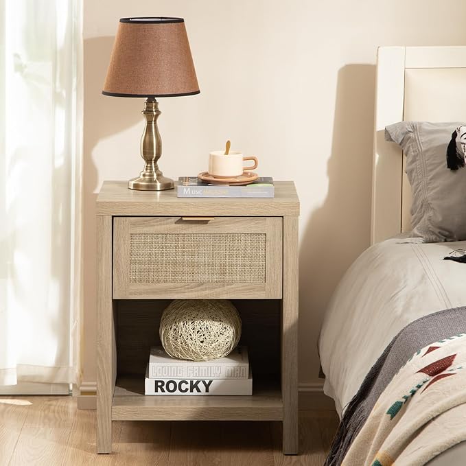 SICOTAS Rattan Nightstands Set of 2, Farmhouse Night Stand Bedside Table with Drawer and Storage Shelf - Boho End Side Table for Bedroom, Light Oak