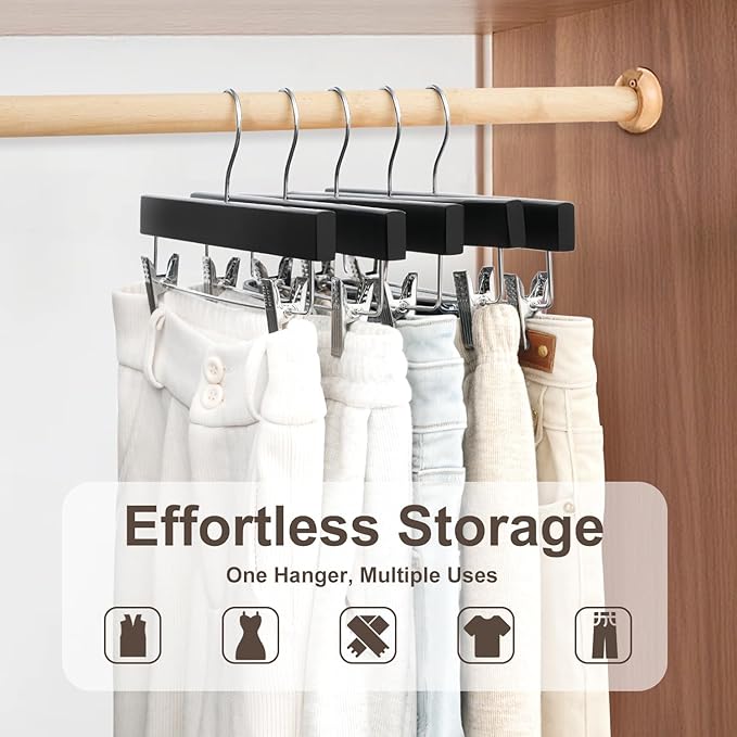 BAGAIL 20 Pack Wooden Pants Hangers with Adjustable Clips, 360°Swivel Hook Space Saving Skirt Holders with Anti-Rust Clips for Trousers, Jeans, Shorts (Black)