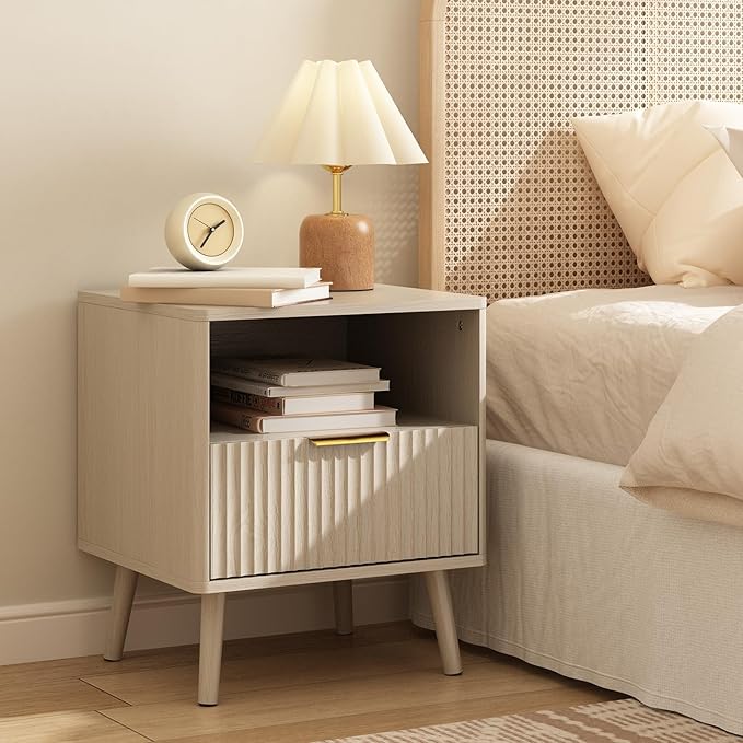 CARPETNAL Fluted Nightstand Set of 2, Beige Bedside Table with Drawer and Storage Shelf, Wood End Table Mid Century Night Stands for Bedroom Living Room