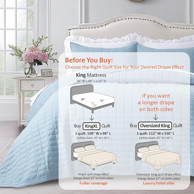 KASENTEX King XL Quilt Set 108"x98" – Soft Washed 3-Layer Lightweight Bedspread, Minimalist Nordic Design, All-Season Spring & Summer Quilt Set (1 Quilt + 2 Pillow Shams), Grey Blue