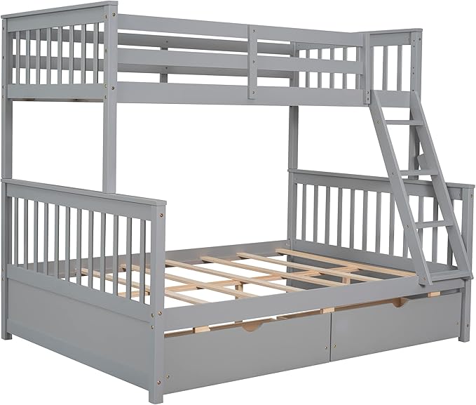 Merax Wood Bunk Bed with Drawers,Convertible Wood Bunk Bed with Ladders and Two Storage Drawers,Solid Wood Detachable Bed Frame with Ladders,Twin Over Full Size,Grey
