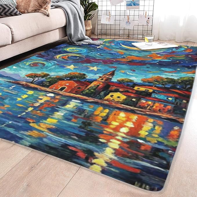 Machine Washable 3' x 5' Seaside Villages and Churches Area Rug, Bule Floor mat, Suitable for bedrooms, Girls' Room Bedside, Living Room, Dining Room, Office, Non-Slip Low-Pile Night Sky Carpet