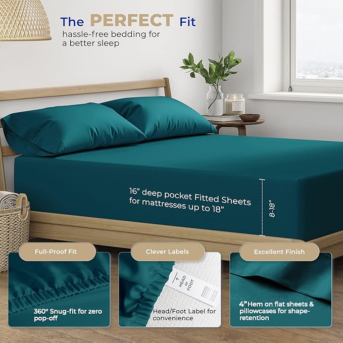 THREAD SPREAD 100% Cotton Split King Sheets for Adjustable Bed - 400 Thread Count 5 PC Sateen Split Sheet Set, Soft, Breathable Cooling Cotton Sheets, 16" Deep Pocket Split King Bed Sheet (Teal)