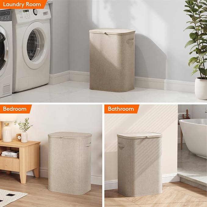 Lifewit 85L Laundry Basket with Lid, Large Laundry Hamper with Plastic Handles and Removable Bag, Foldable Tall Dirty Clothes Hampers for Laundry for Laundry Room, Bedroom, Bathroom, Dorm, Beige