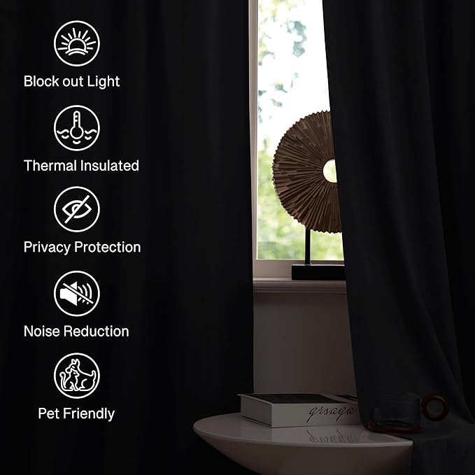 StangH Black Velvet Curtains 42 x 96 inches Luxury Light Blocking Thermal Insulated Window Panels Thick Vertical Room Dividers for Home Office/Theater, W42 x L96, 2 Panels