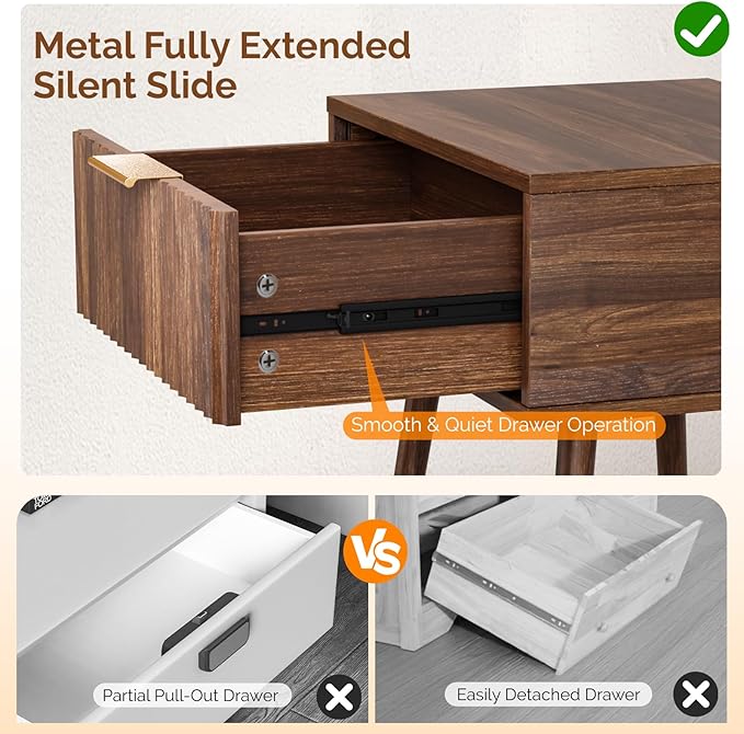 VINGLI Fluted Nightstand with Drawer, 19" W Mid Century Modern Nightstand for Bedroom, Bedside Table, End Tables Bedroom, Wood Night Stand, Walnut, 18.9" W*14.96" D*24" H