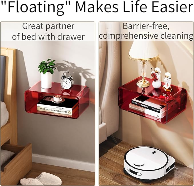 Acrylic Floating Nightstand, Bedside Table, Nightstand Shelf Wall Mounted Bedside Shelf (Red, Small)