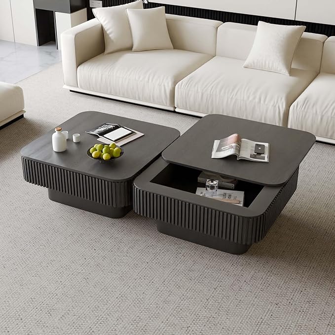 Square Small Coffee Table with Storage, Modern Wooden Coffee Table with Solid Wood Veneered, Fluted Center Table Drum Tea Table for Living Room Apartment, 31.5''L×31.5''W×14''H
