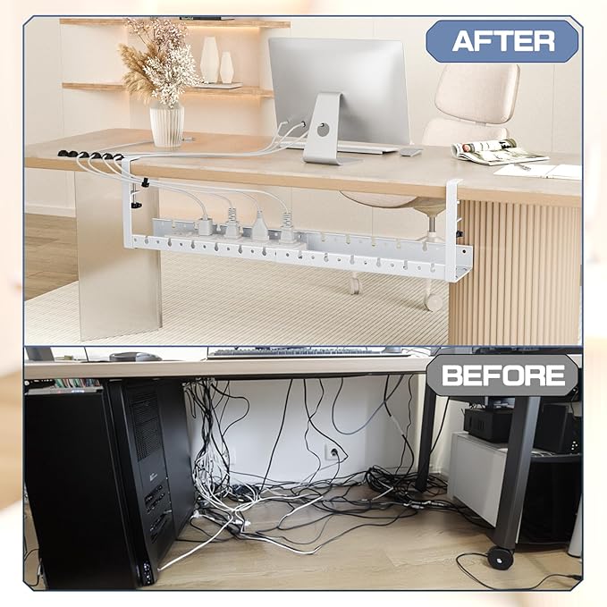 Shikha Under Desk Cable Tray, 15.7"-30.7" Retractable Under Desk Cable Management, No Drilling Cord Organizer with Clamp, Wire Management for Home Office -White