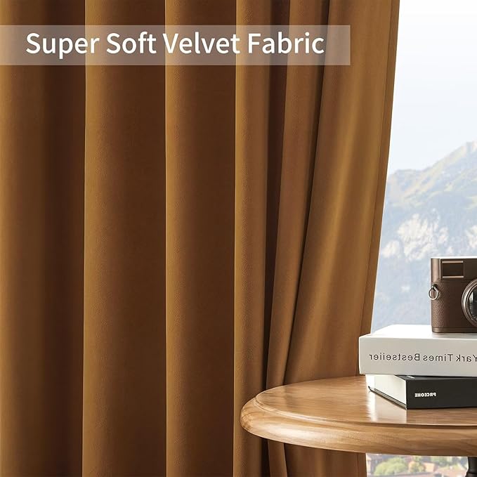 Joydeco Camel Brown Velvet Curtains 108 inch Length 2 Panels, Luxury Blackout Rod Pocket Thermal Insulated Window Curtains, Super Soft Room Darkening Drapes for Living Room Bedroom,W52 x L108 inches